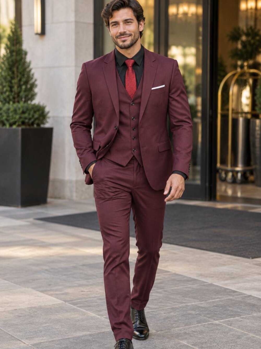 Men’s Burgundy Slim Fit 3-Piece Suit with Tie – Wedding Prom Formal – Size XS